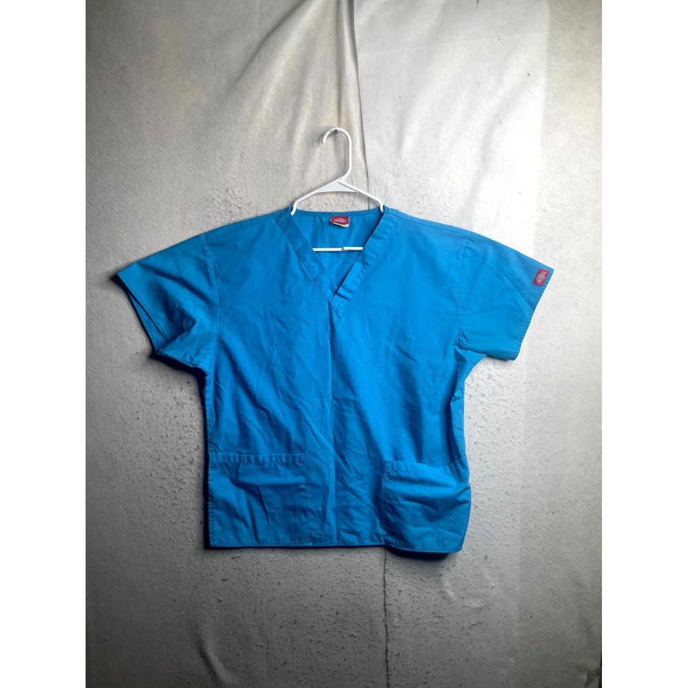 Dickies Medical Scrub Top Womens Blue Logo V-Neck Short Sleeve Pockets Pullover